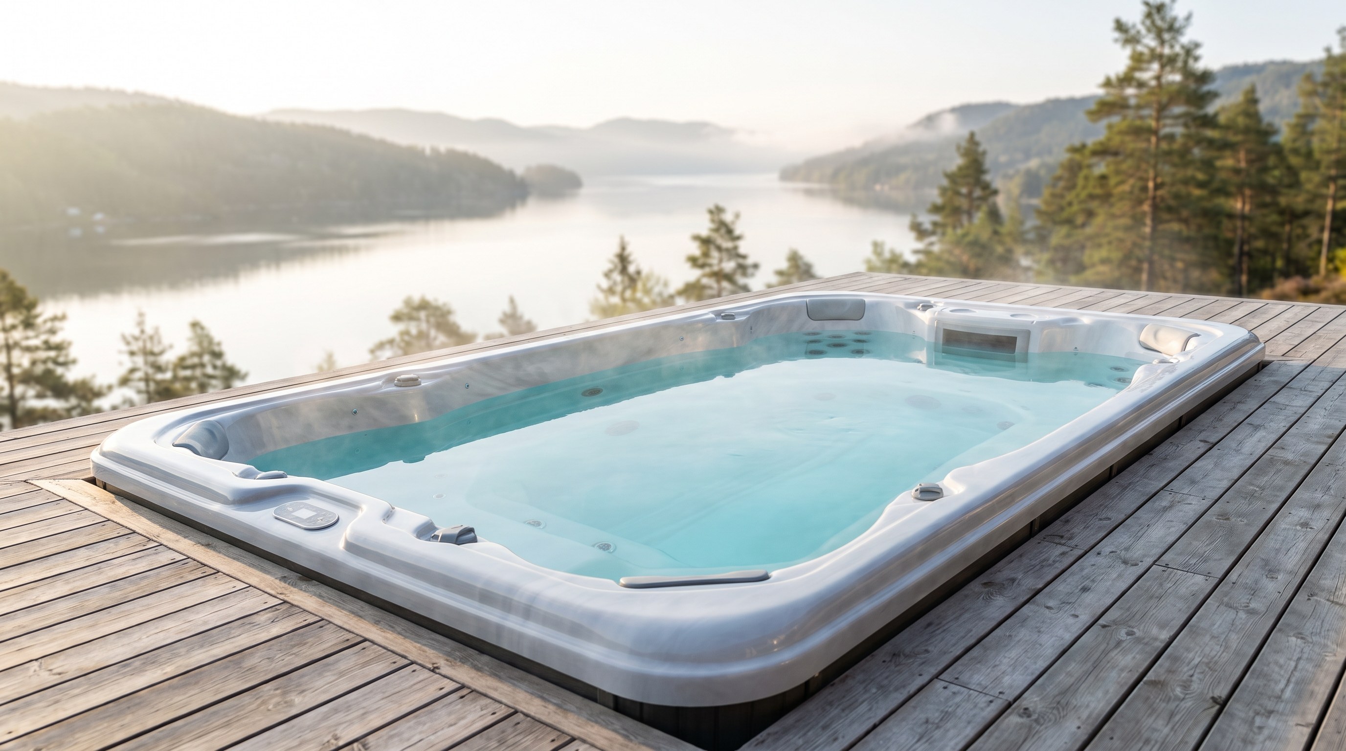 Modern acrylic swim spa on a wooden deck, overlooking a Norwegian fjord with pine-covered hills